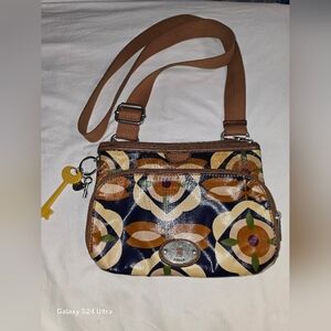 Fossil Key-Per Coated Canvas Crossbody Bag Fossil Logo Key 8”x10.5”